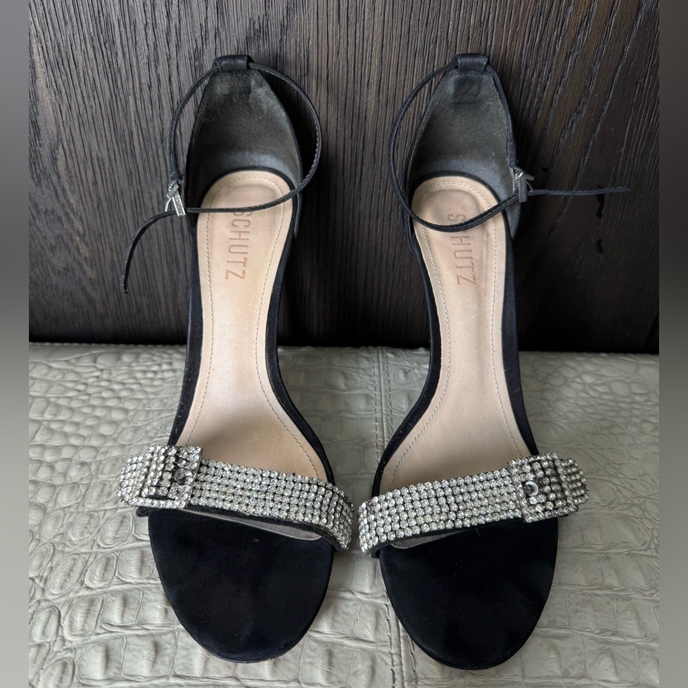 Schutz Black Velvet Rhinestone Buckle Heels Size 9B Ankle Strap Sandals